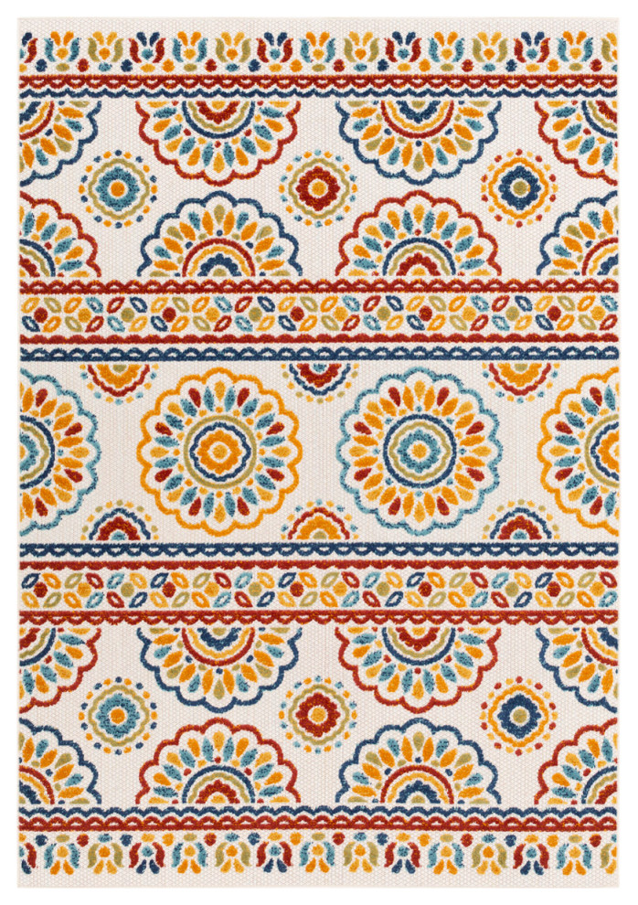 Big Sur Outdoor Rug, 5x8, Rust/Mustard/Burnt Orange/Cream/Dark Blue