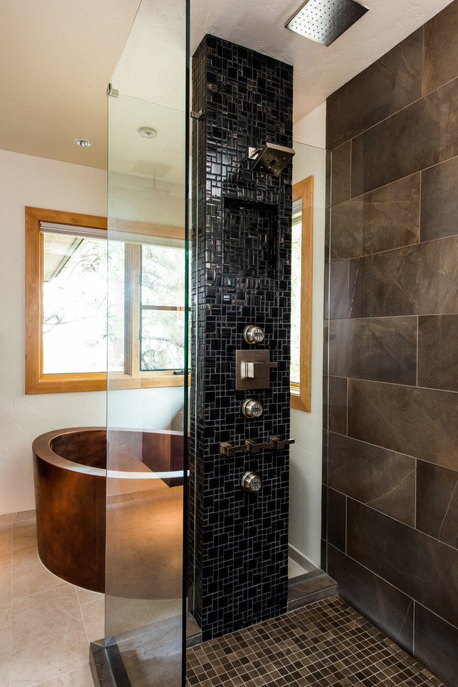 Design ideas for a mid-sized contemporary master bathroom in Other with flat-panel cabinets, dark wood cabinets, a japanese tub, a corner shower, brown tile, porcelain tile, white walls, porcelain floors, an undermount sink, engineered quartz benchtops, beige floor and a hinged shower door.