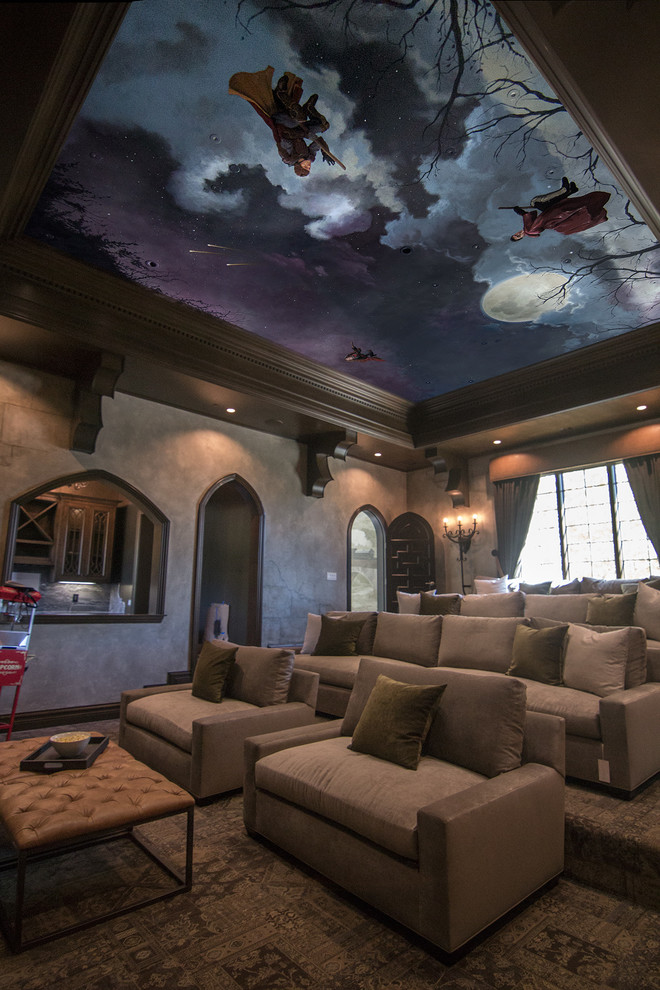 Design ideas for a large traditional home theatre in Los Angeles with brown walls, carpet and brown floor.
