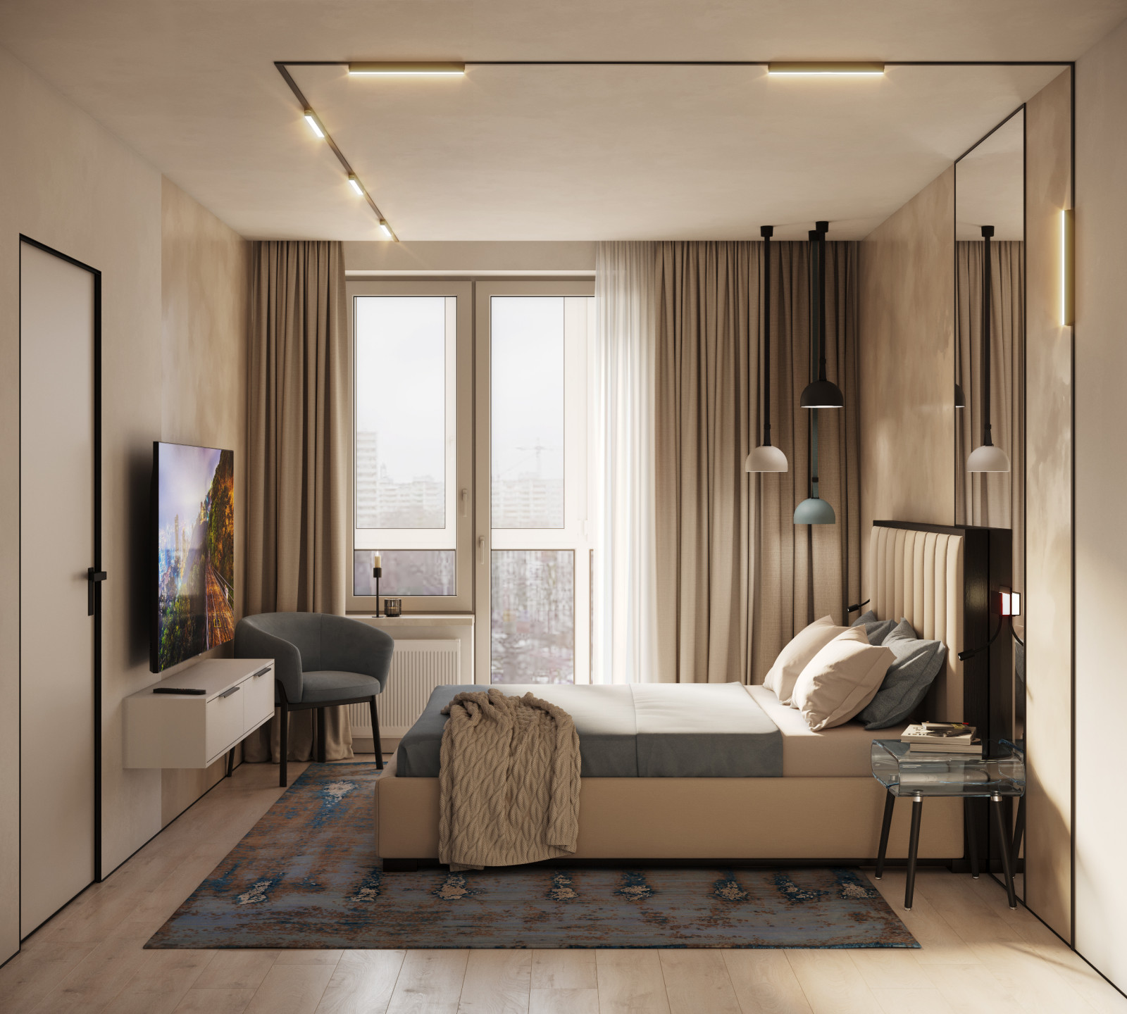 Трековая система освещения по потолку и стене