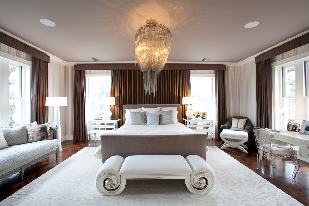 Design ideas for a transitional bedroom in Houston with beige walls and dark hardwood floors.