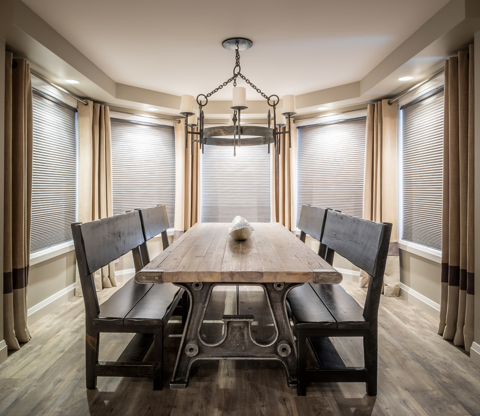 Dining room - transitional vinyl floor and gray floor dining room idea with beige walls
