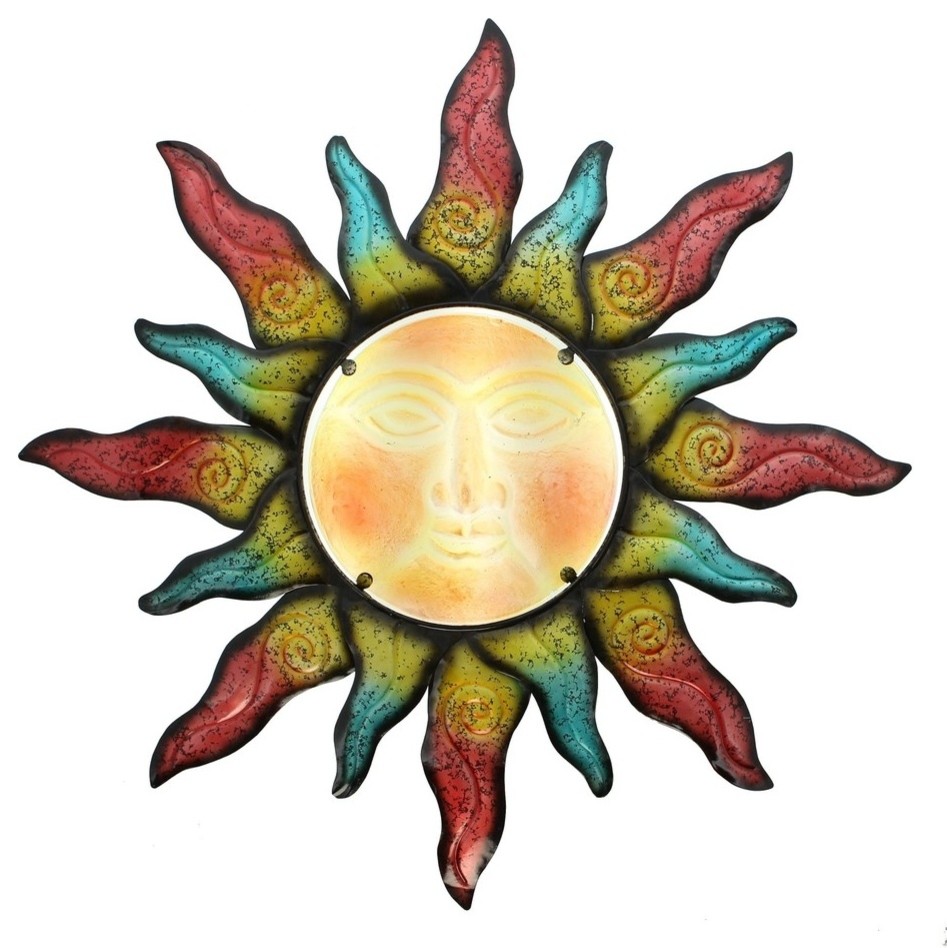 Colorful Swirling Sun Indoor Outdoor Metal Wall Art With Glass Contemporary Outdoor Wall Art