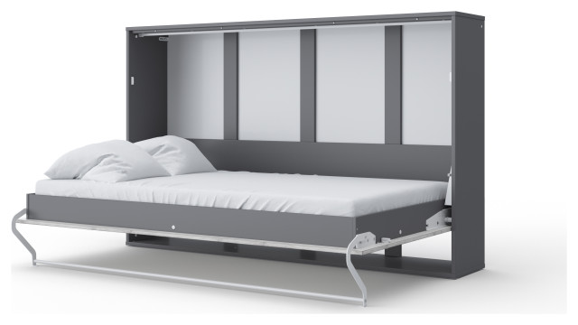 Contempo Horizontal Wall Bed, European Twin Size with a cabinet on top, Grey
