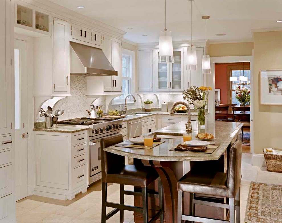 Design ideas for a small traditional l-shaped separate kitchen in Boston with an undermount sink, beaded inset cabinets, white cabinets, granite benchtops, white splashback, mosaic tile splashback, stainless steel appliances, travertine floors and with island.