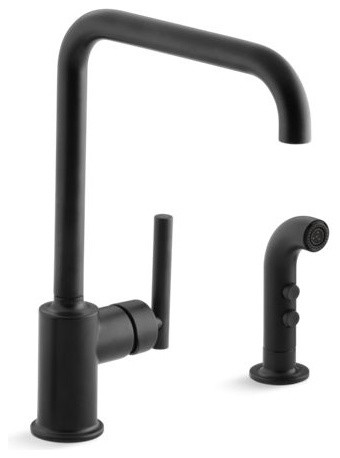 Kohler Purist 2-Hole Kitchen Faucet w/ 8" Spout & Sidespray, Matte Black