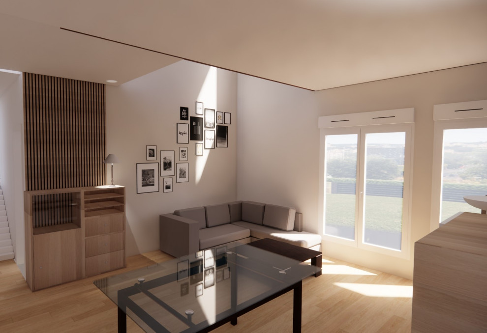 Immagine di un grande soggiorno contemporaneo stile loft con parquet chiaro