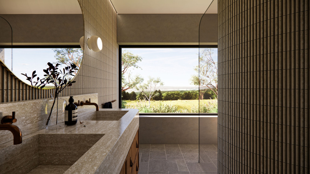 Photo of a medium sized contemporary ensuite bathroom in Adelaide with freestanding cabinets, medium wood cabinets, a walk-in shower, a wall mounted toilet, beige tiles, matchstick tiles, beige walls, travertine flooring, an integrated sink, concrete worktops, grey floors, an open shower, white worktops, a shower bench, double sinks and a built in vanity unit.