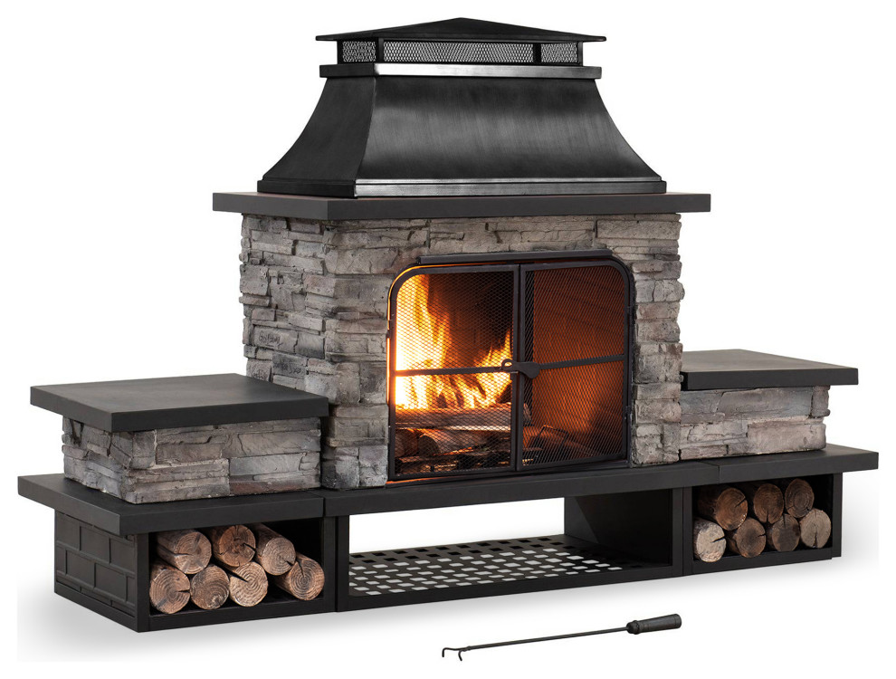 Sunjoy Wood Burning Outdoor Fireplace, Black Modern Outdoor