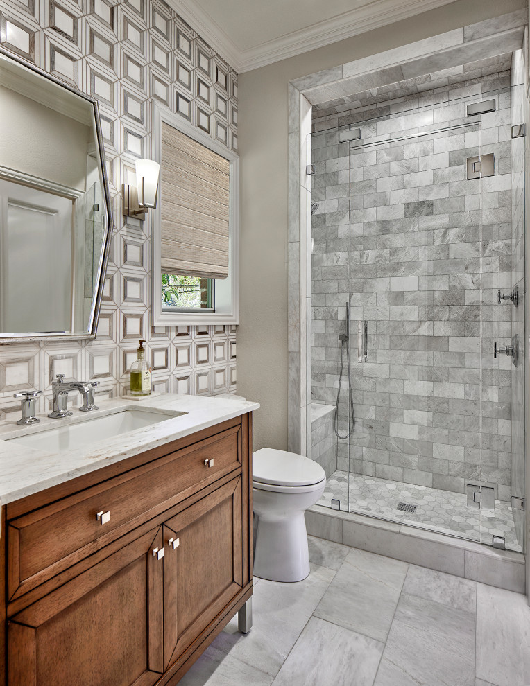 Inspiration for a small traditional bathroom in Dallas with marble flooring and a single sink.