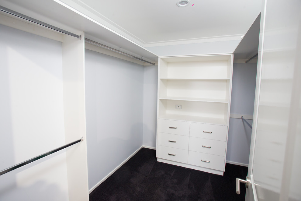 Inspiration for a large contemporary gender-neutral walk-in wardrobe in Other with carpet and grey floor.