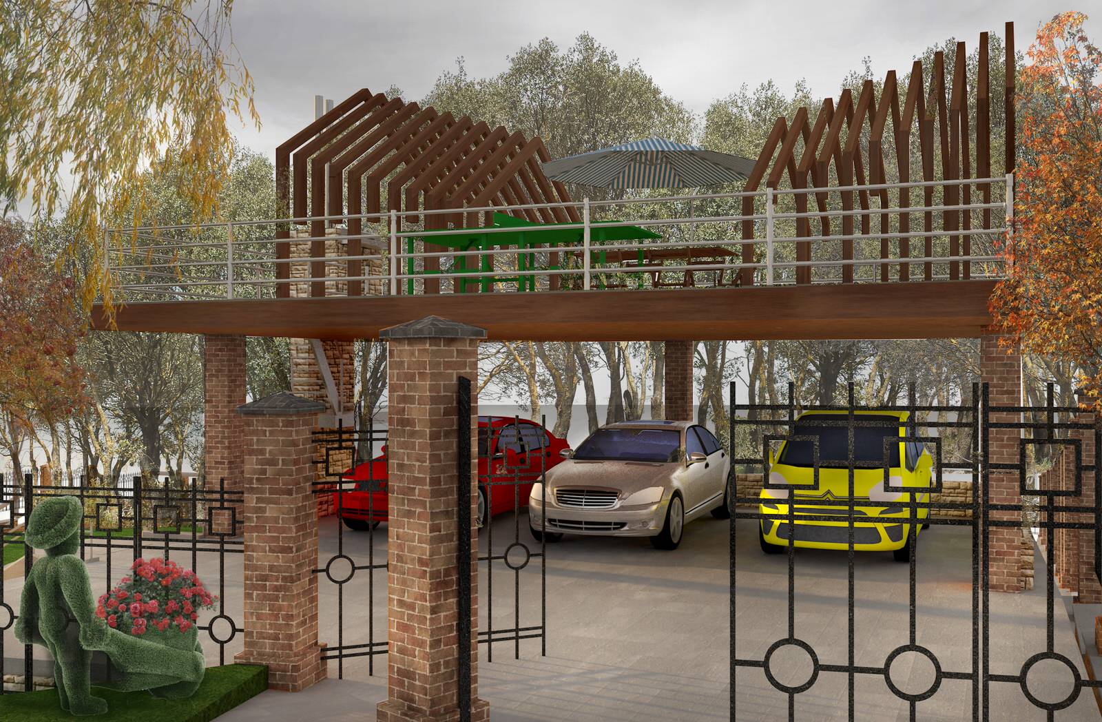 Навес для трёх авто на рельефе с цокольным этажом в Велегож- парк 2 Тульской обл