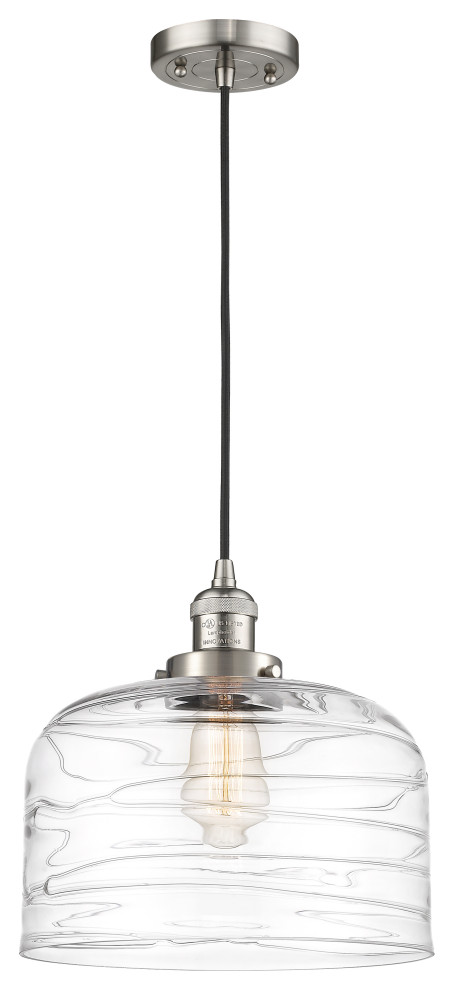X-Large Bell 1 Light Mini Pendant, Brushed Satin Nickel, Clear Deco Swirl