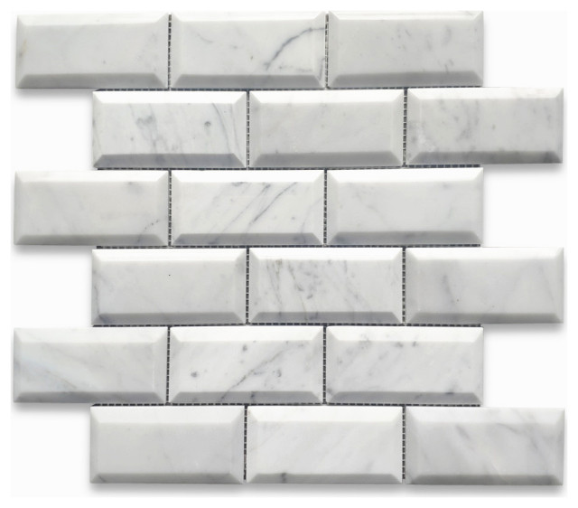 Carrara White Marble 2x4 Subway Mosaic Tile Beveled Raised Angled, 1