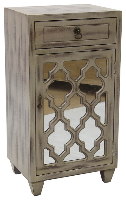 30.75” Taupe Wash Wood Mirrored Glass Accent Cabinet with a Drawer and a Door