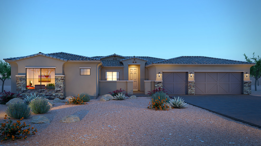 Small one-storey stucco beige house exterior in Phoenix with a hip roof and a tile roof.