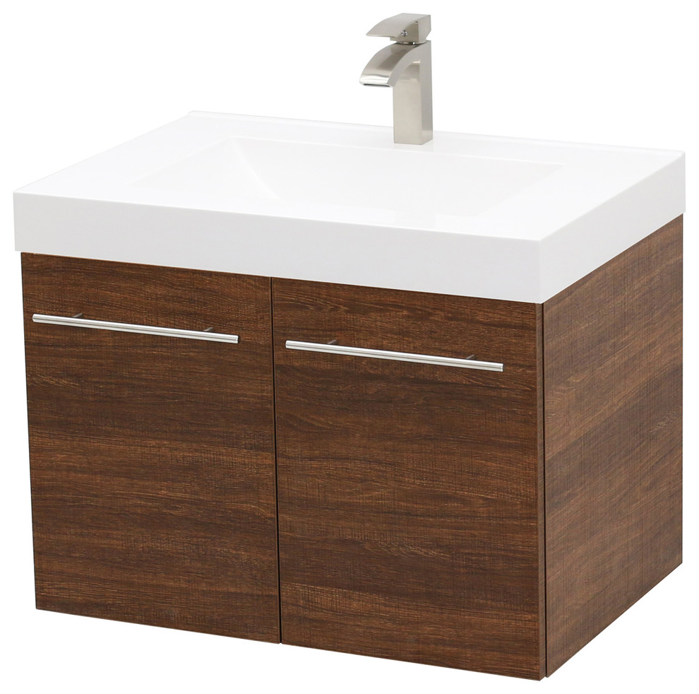 29.25" Wall Mount Vanity Sink Set, White Integrated Sink Top, Rustic Brown