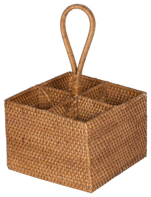 Loma Rattan Bottle and Silverware Caddy, Honey-Brown