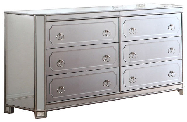 Mya Silver Mirrored 6-Drawer Dresser With Ring Handles