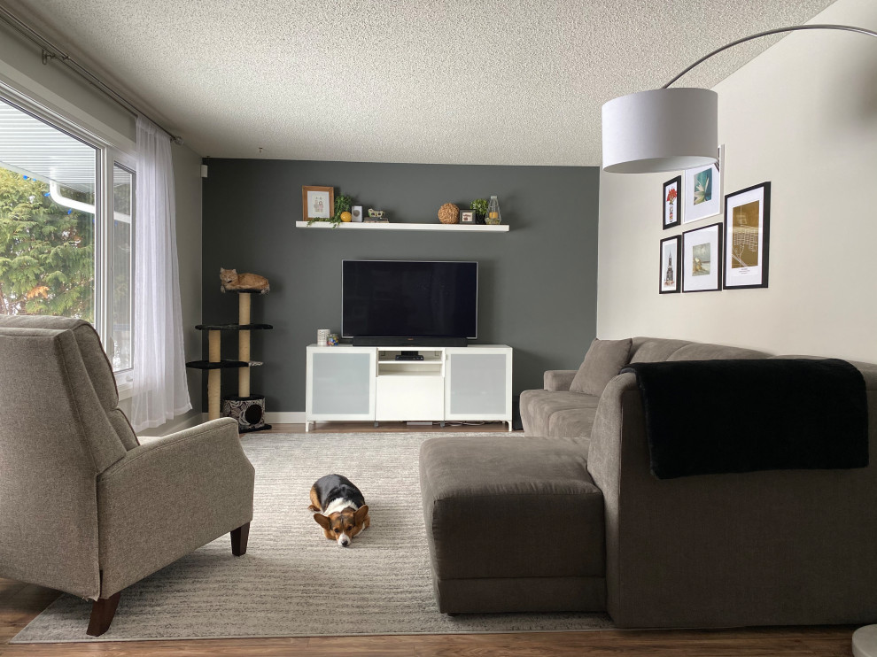 Diseño de salón cerrado tradicional renovado de tamaño medio con paredes grises, suelo laminado, televisor independiente y suelo gris