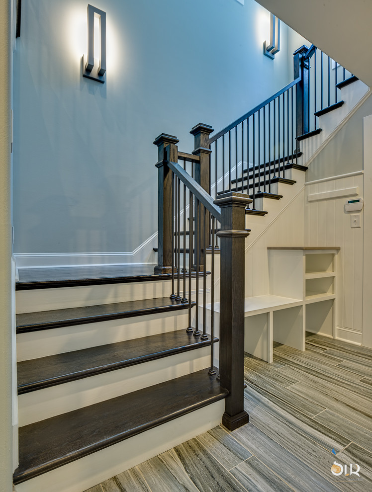 Staircase - transitional wooden mixed material railing staircase idea with wooden risers