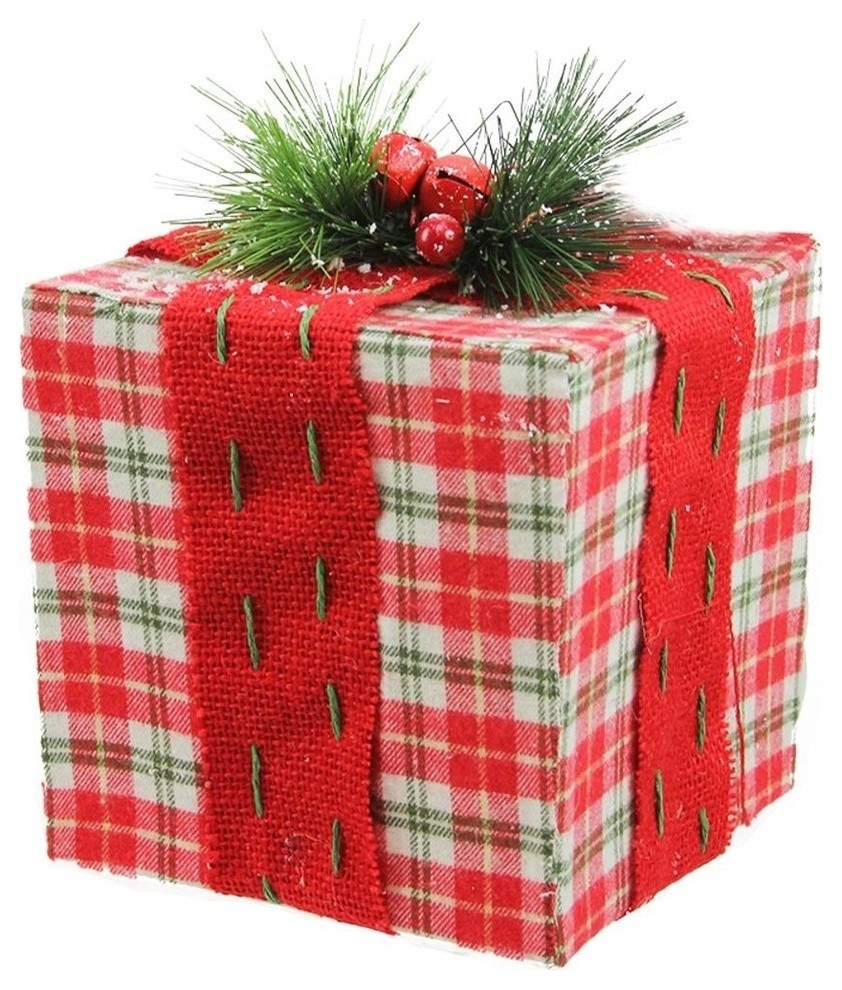 6" Square Plaid Gift Box With Pine Bow Christmas Decoration