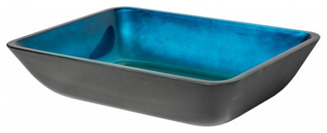 Rectangular Turquoise Blue Foil with Black Exterior Glass Vessel Sink, 18X13 In