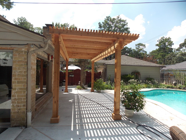 Poolside Cedar Pergola On Concrete Slab Rustic Patio Houston