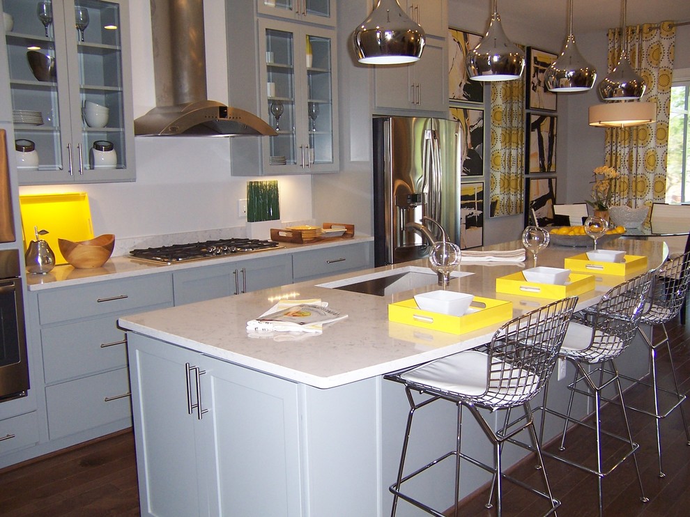 Example of a transitional single-wall dark wood floor kitchen design in DC Metro with an undermount sink, gray cabinets, granite countertops, stainless steel appliances and an island