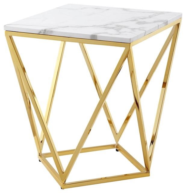 Emmet Marble Top End Table With Geometric Metal Base White Gold Emmet Marble Top End Table With Geometric Metal Base White Gold