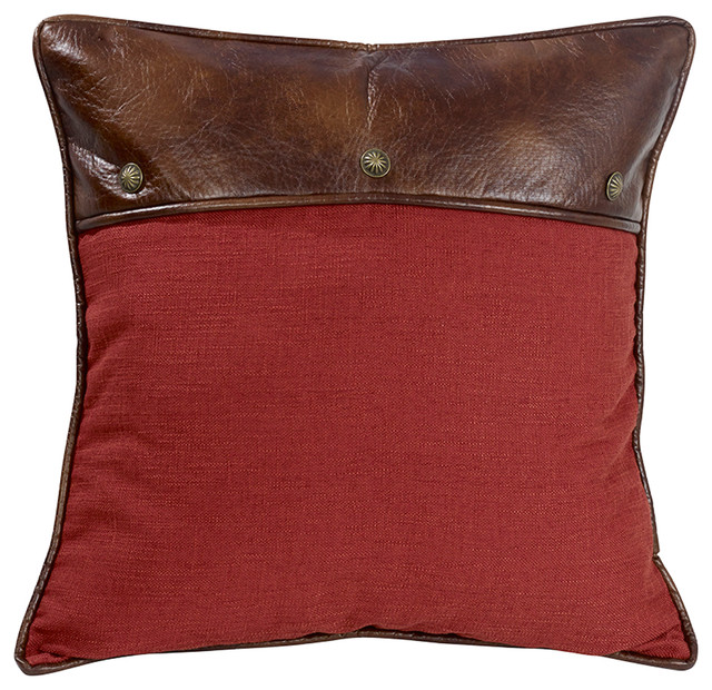 Red Euro Sham With Faux Leather And Conchos, 27"x27" Contemporary