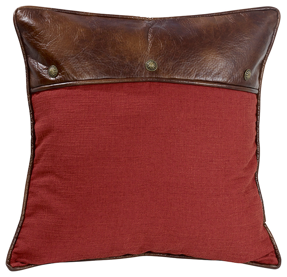 Red Euro Sham With Faux Leather And Conchos, 27"x27" Contemporary