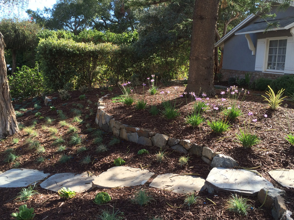 This is an example of a small traditional sloped partial sun xeriscape in Santa Barbara with a garden path and natural stone pavers.