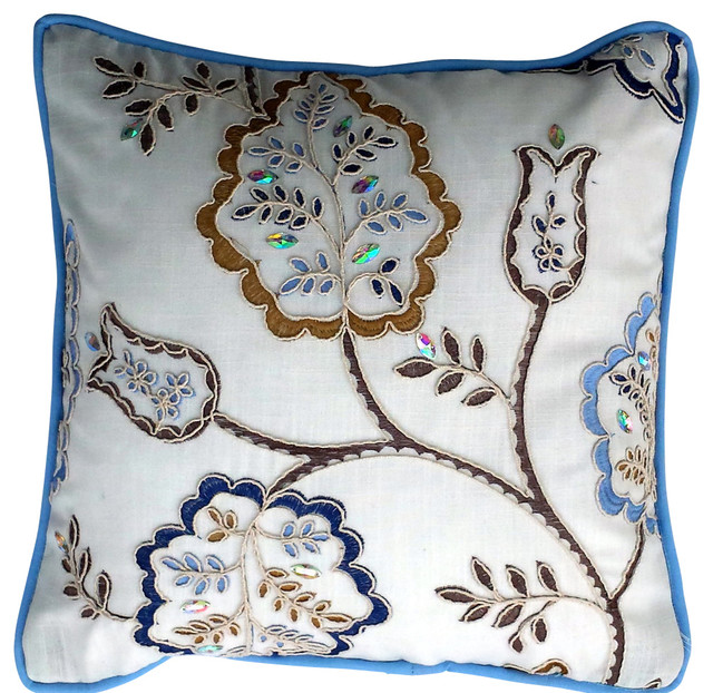 Blue Linen Embroidered Velvet Decorative Throw Pillow With Bling