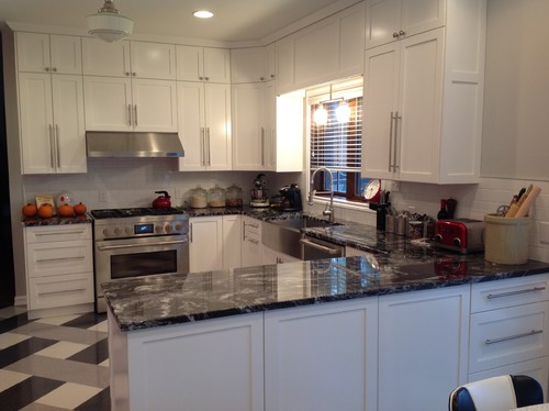 1980s Oak Kitchen With Dark Slate Backsplash Black Counters Updated To 1950s Retro Look White Cabinets Subway Tile And Granite 1980s Oak Kitchen With Dark Slate Backsplash Black Counters Updated To 1950s Retro Look White Cabinets Subway Tile And Granite