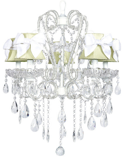 White carousel 5 light chandelier with sage green shades and white bows.
