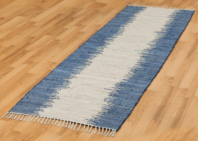 Jagged Blue/Off-White Reversible Cotton Chindi Rug, 2.5'x8' Runner