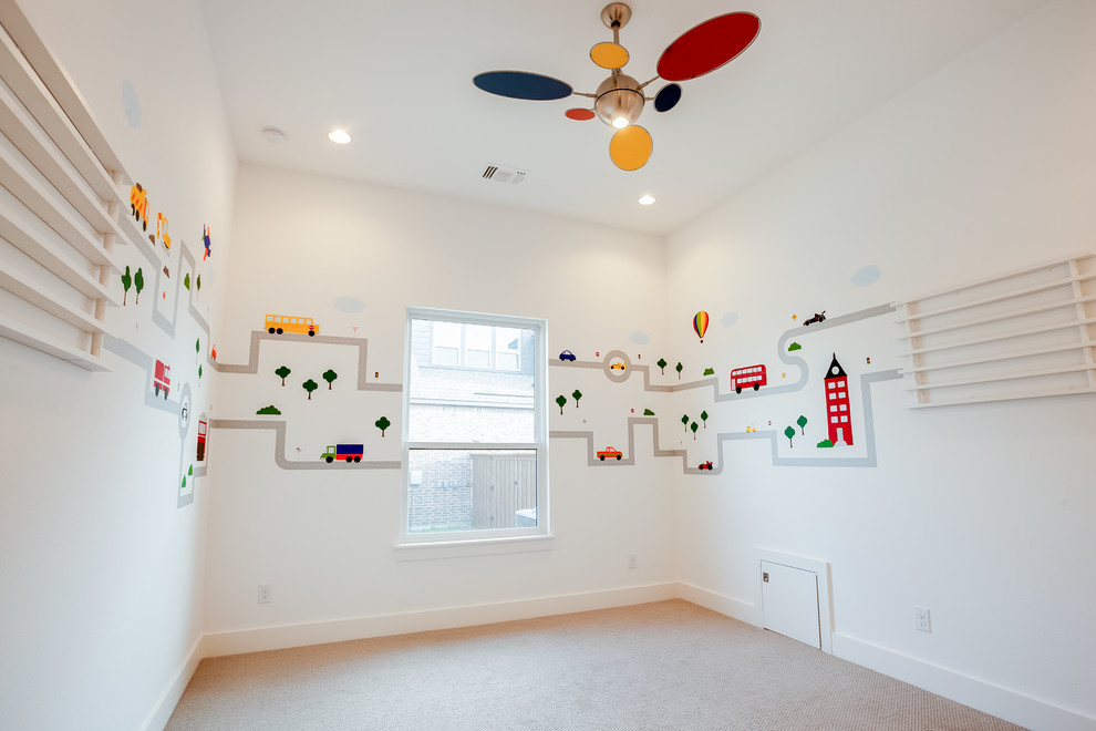 Mid-sized modern gender-neutral kids' room in Dallas with white walls, carpet and white floor.