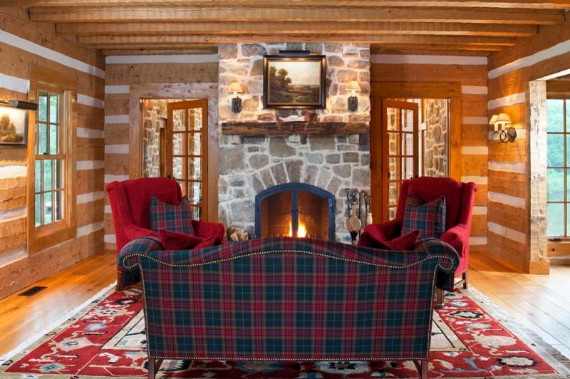 Inspiration for a mid-sized country formal open concept living room in Other with beige walls, light hardwood floors, a standard fireplace, a stone fireplace surround and no tv.