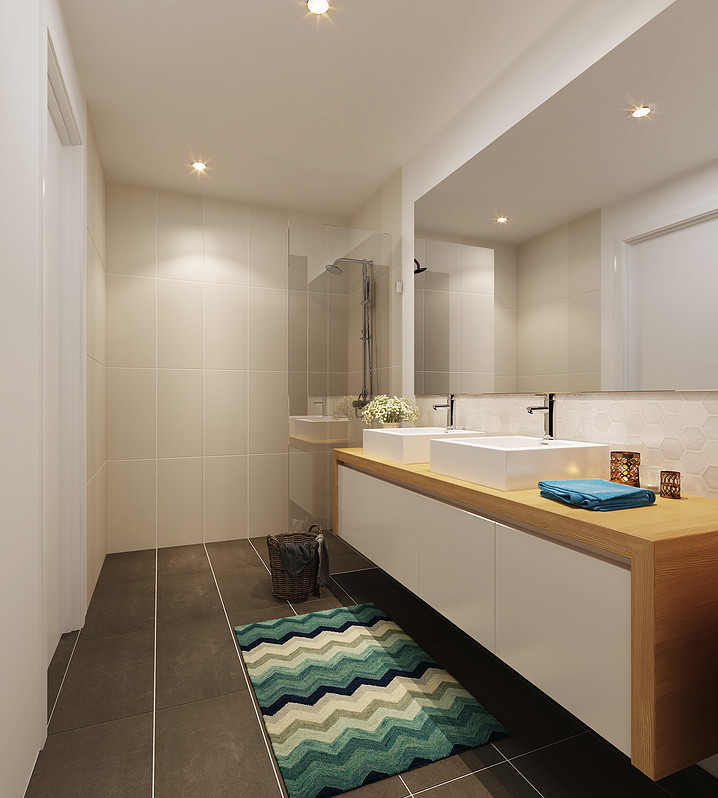 Design ideas for a small modern master bathroom in Melbourne with light wood cabinets, a drop-in tub, an open shower, a two-piece toilet, white tile, mosaic tile, white walls, porcelain floors, a drop-in sink, wood benchtops, grey floor, an open shower and brown benchtops.