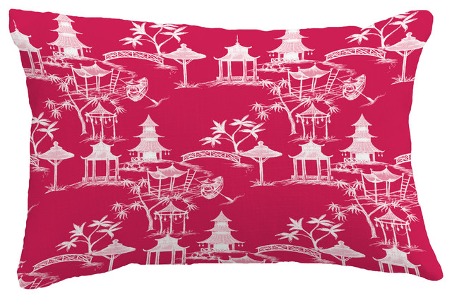 Chinapezka Floral Print Throw Pillow With Linen Texture, Pink/Fuchsia, 14"x20"