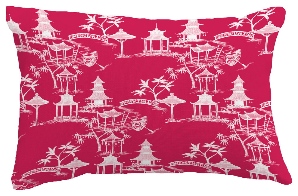 Chinapezka Floral Print Throw Pillow With Linen Texture, Pink/Fuchsia, 14"x20"