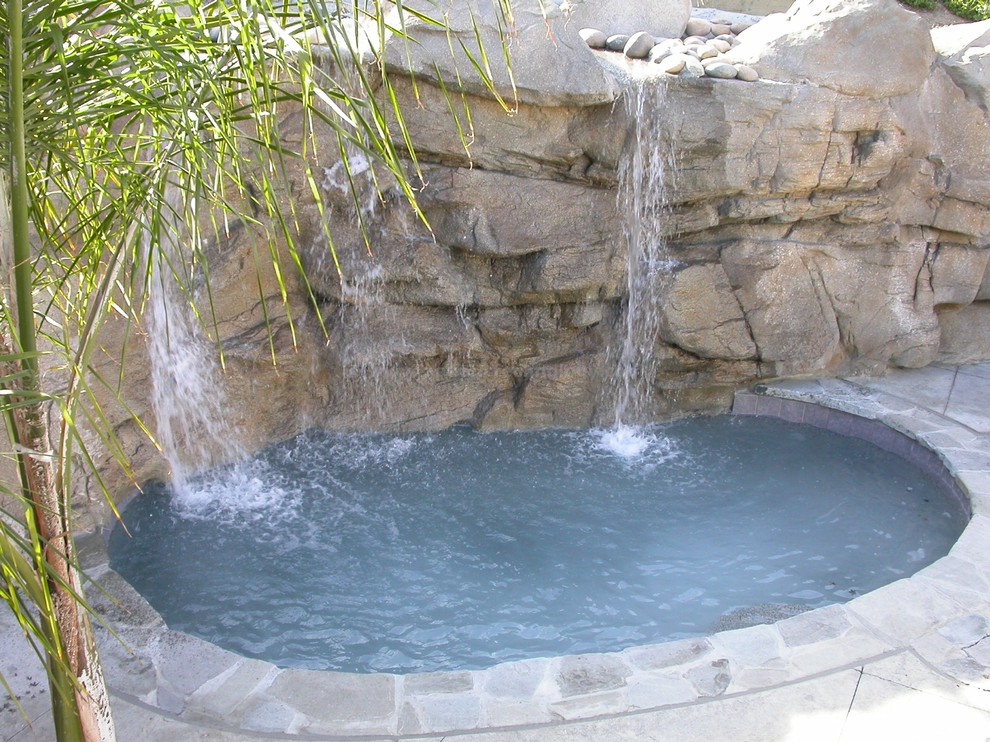 Inspiration for a mid-sized tropical backyard custom-shaped natural pool in San Diego with a hot tub and stamped concrete.