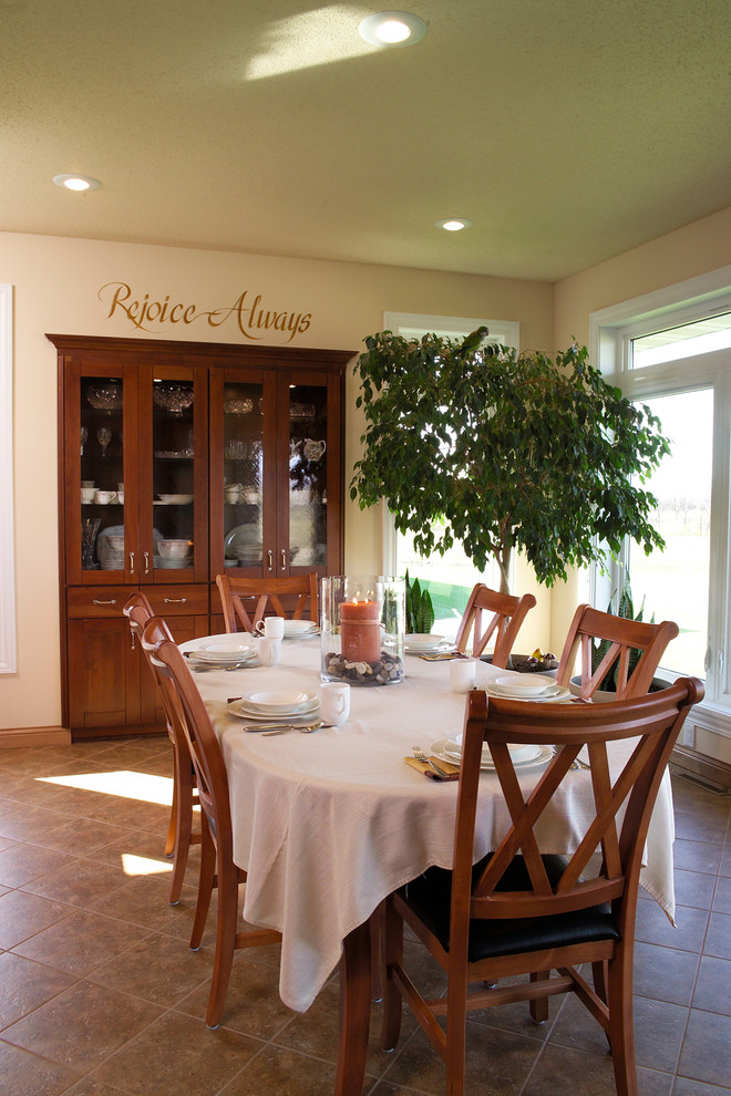Mid-sized transitional porcelain tile great room photo with beige walls, a standard fireplace and a tile fireplace
