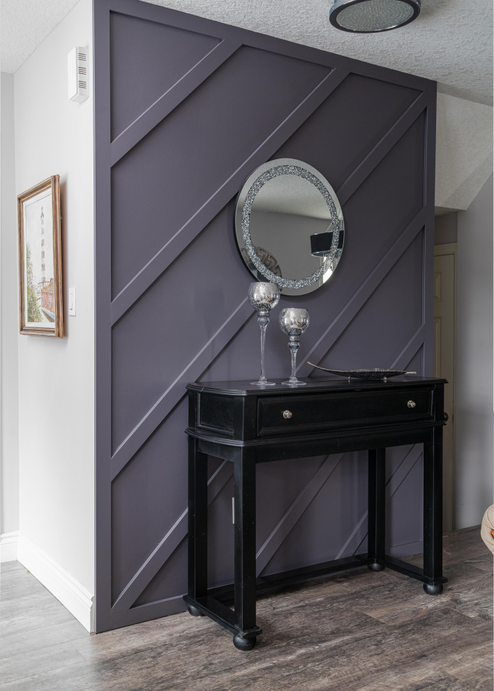 Example of a mid-sized transitional dark wood floor, brown floor and wall paneling single front door design in Toronto with multicolored walls and a white front door