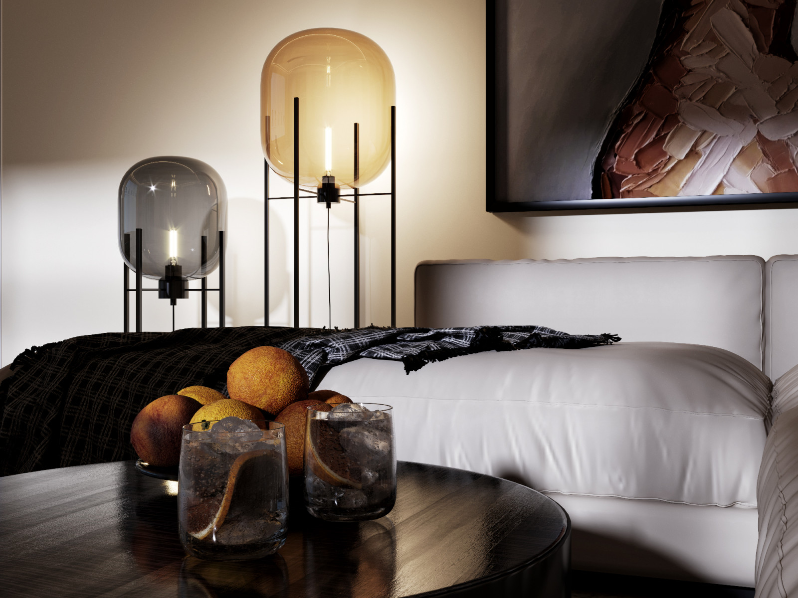 Ночные визуализации гостиной 30 кв.м. в современном стиле