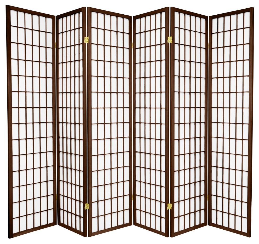 Modern Classic Room Divider, Window Pane Rice Paper Screens, Walnut/6 Panels