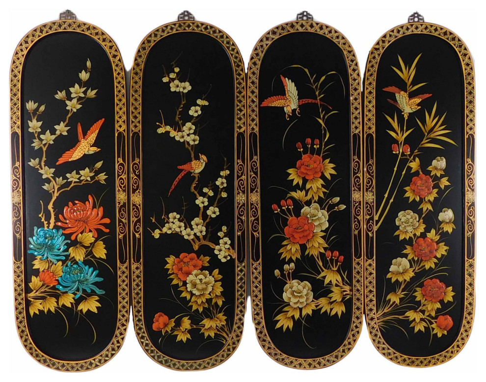 48" Wide Oriental Wall Plaques Hand Painted Chinoiseries, 4 Seasons