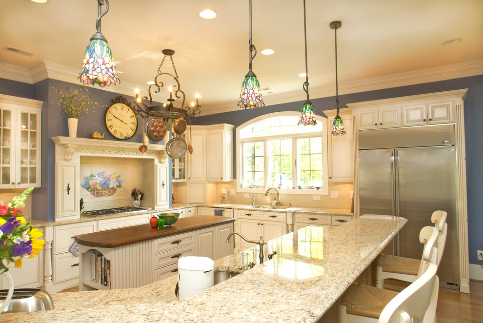 Williamsburg French Country Kitchen with Hearth and Double Island