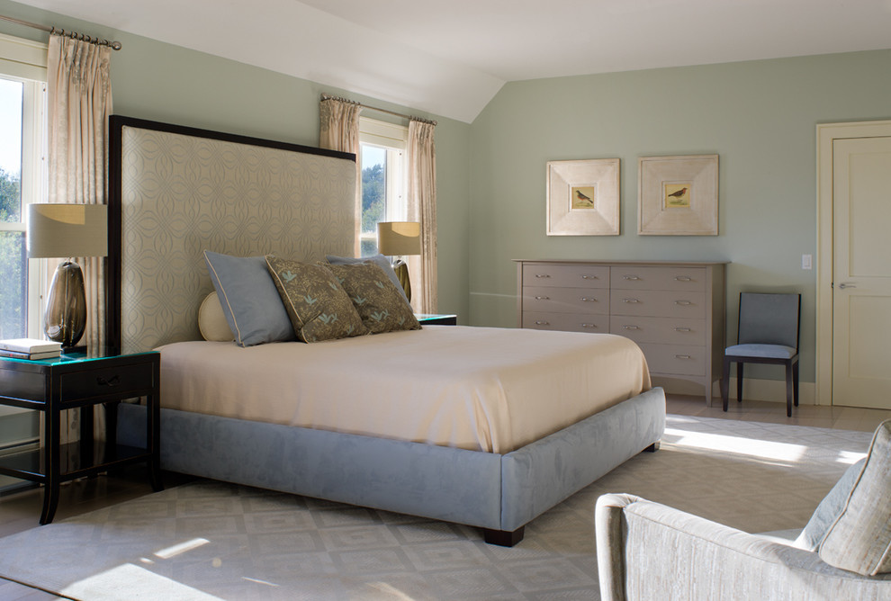 Design ideas for a large transitional master bedroom in Providence with blue walls, carpet and no fireplace.